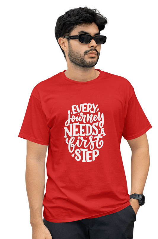 VEnahance Men's T-Shirt Inspirational Quote, Every Journey Needs a First Step, Red Cotton, Unisex Casual Short Sleeve