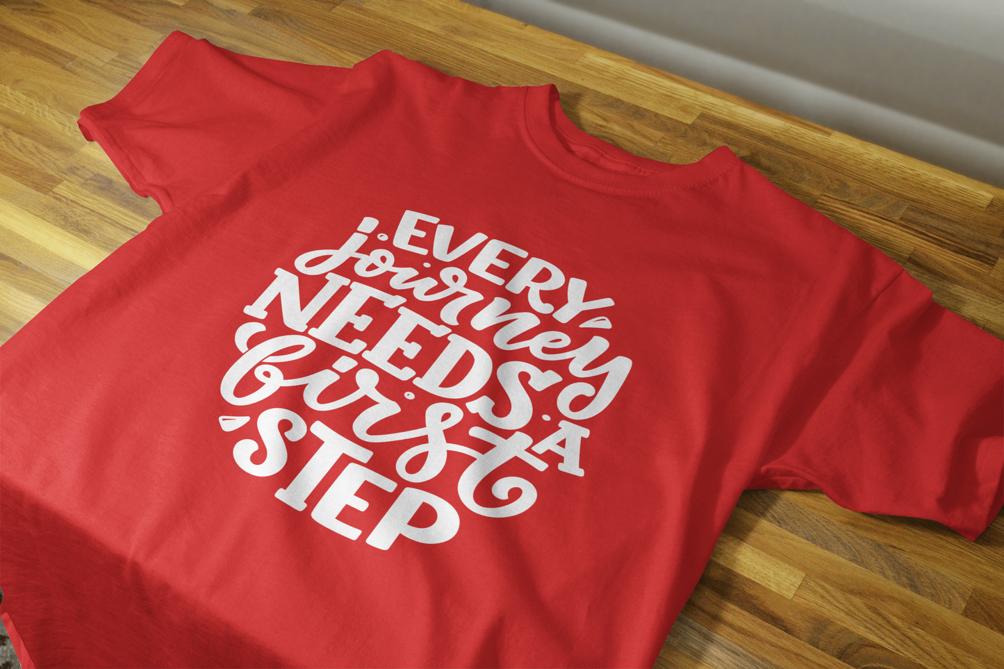 VEnahance Men's T-Shirt Inspirational Quote, Every Journey Needs a First Step, Red Cotton, Unisex Casual Short Sleeve