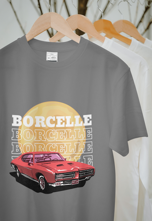 Classic Car Borcelle Graphic T-Shirt, Navy Blue, Vintage Muscle Car Design, Cotton Casual Wear