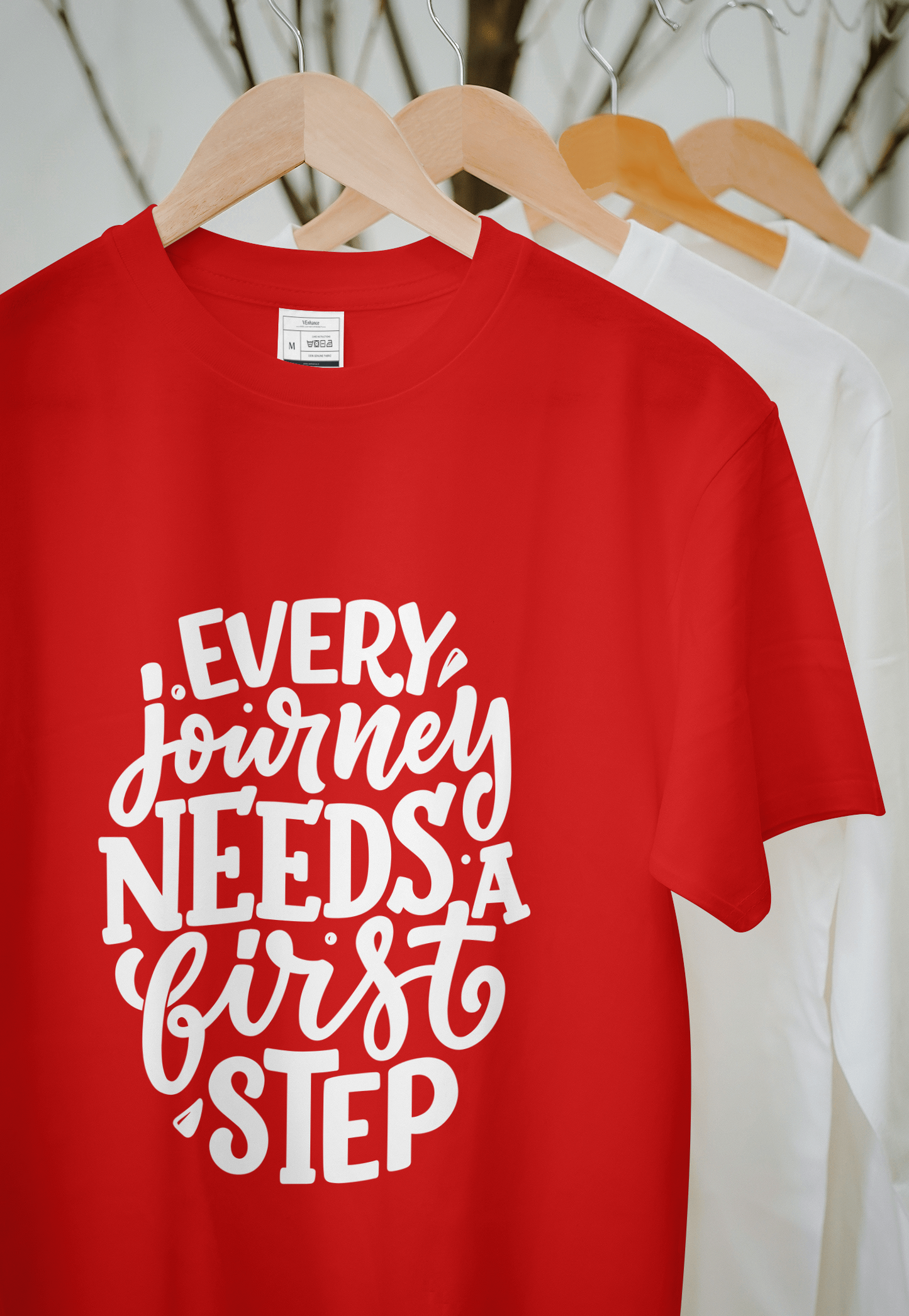 VEnahance Men's T-Shirt Inspirational Quote, Every Journey Needs a First Step, Red Cotton, Unisex Casual Short Sleeve