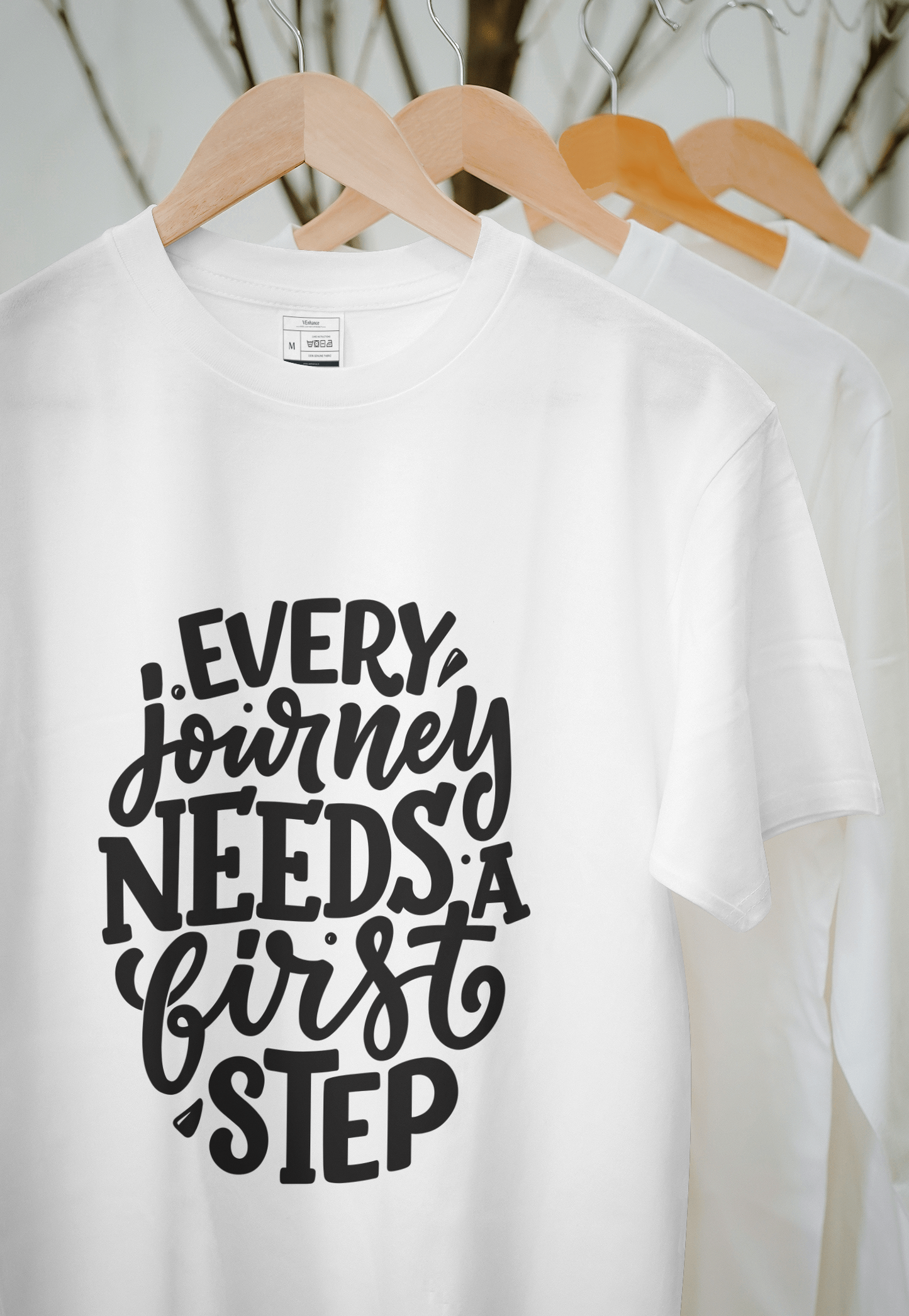 VEnhance T-Shirt Inspirational Quote, White Cotton, Every Journey Needs a First Step Design