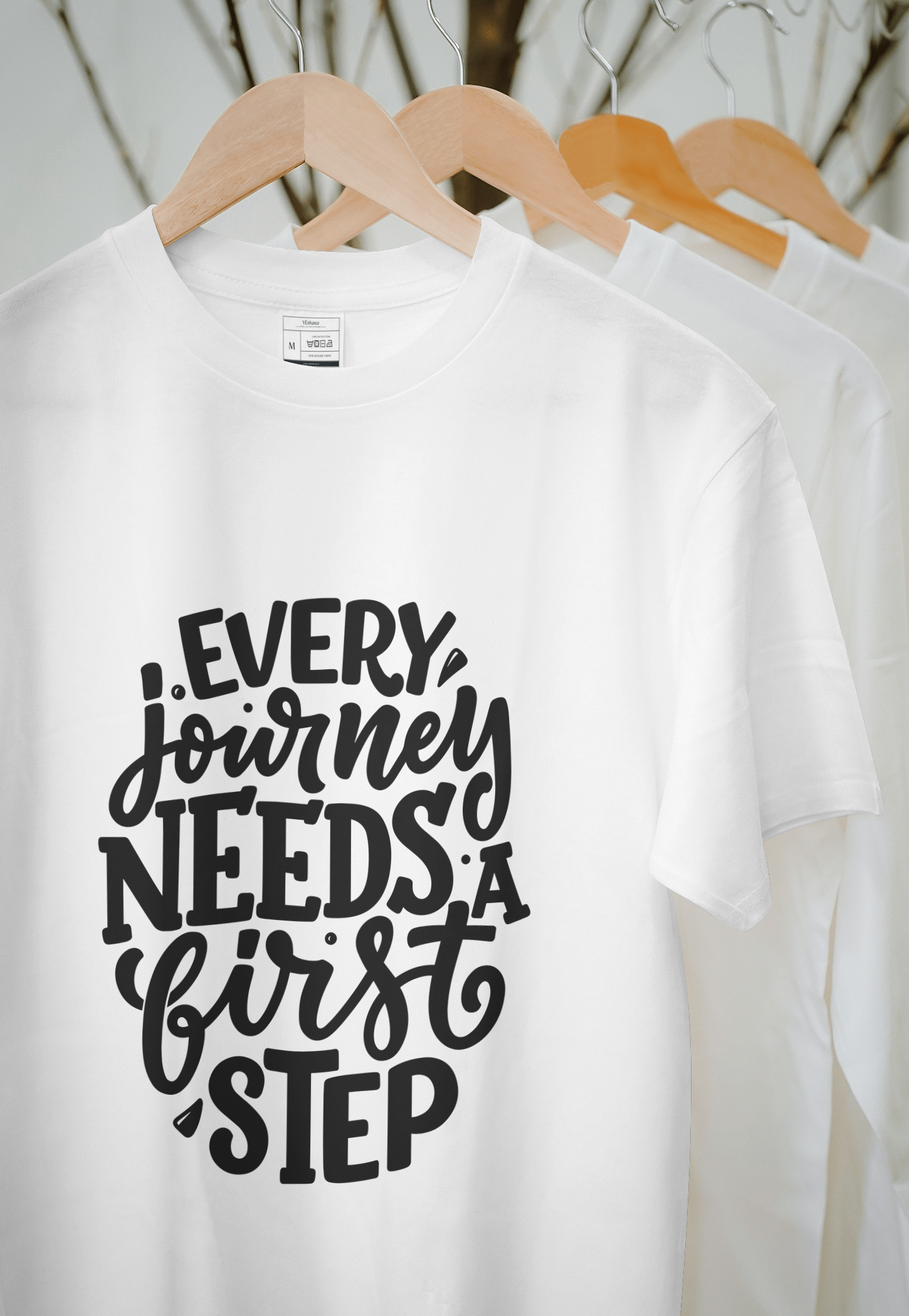 VEnhance T-Shirt Inspirational Quote, White Cotton, Every Journey Needs a First Step Design