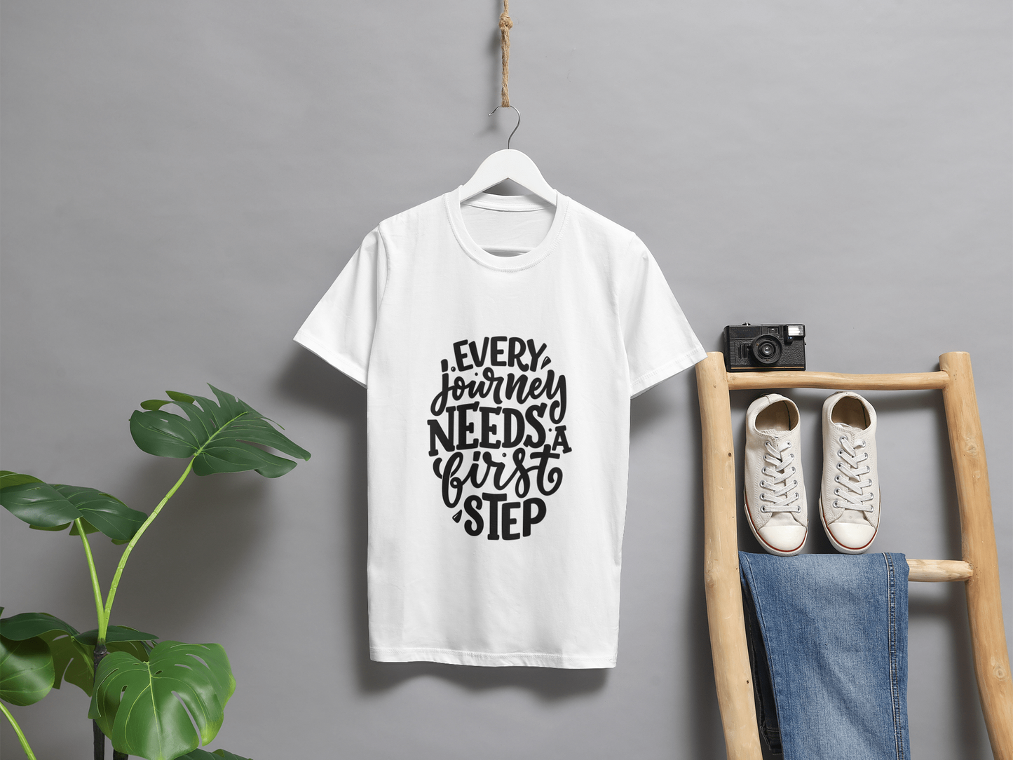 VEnhance T-Shirt Inspirational Quote, White Cotton, Every Journey Needs a First Step Design