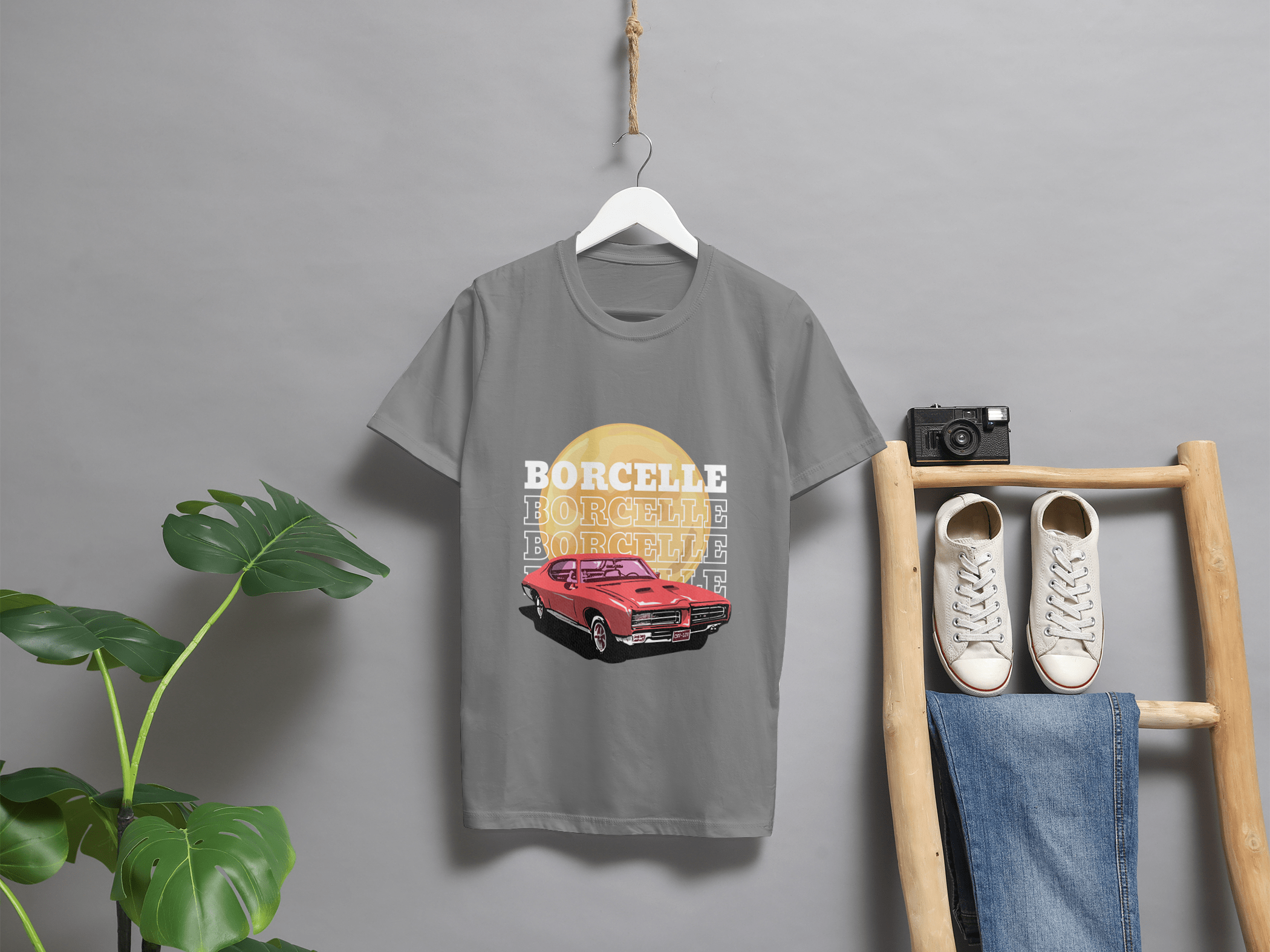 Classic Car Borcelle Graphic T-Shirt, Navy Blue, Vintage Muscle Car Design, Cotton Casual Wear