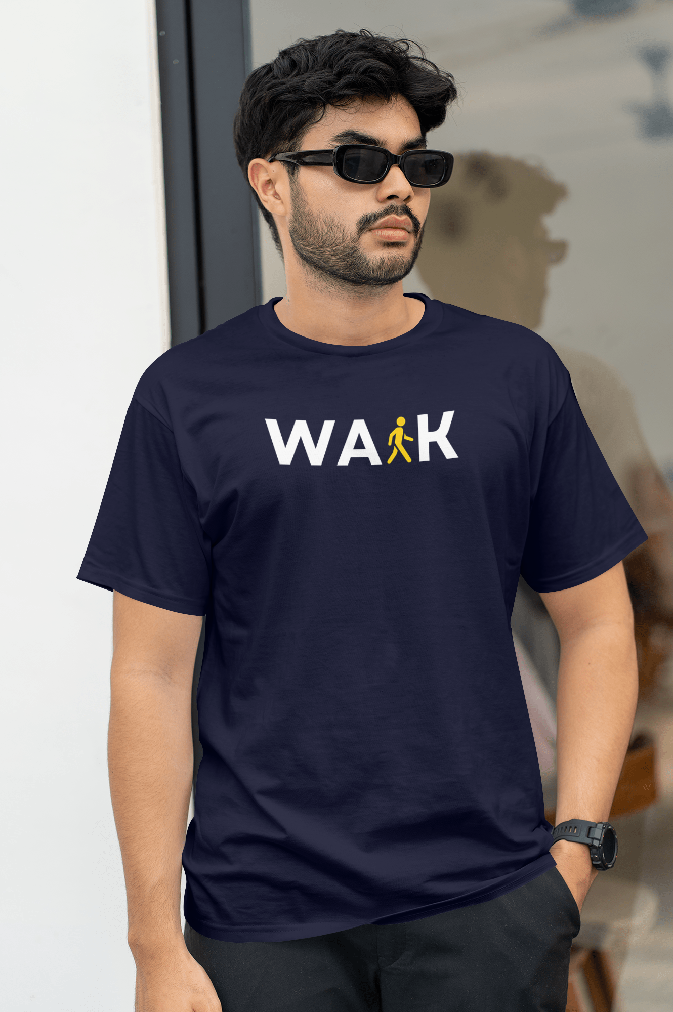 VEnhance T-Shirt Walk Graphic Print, Navy Blue, Cotton, Round Neck, Short Sleeve