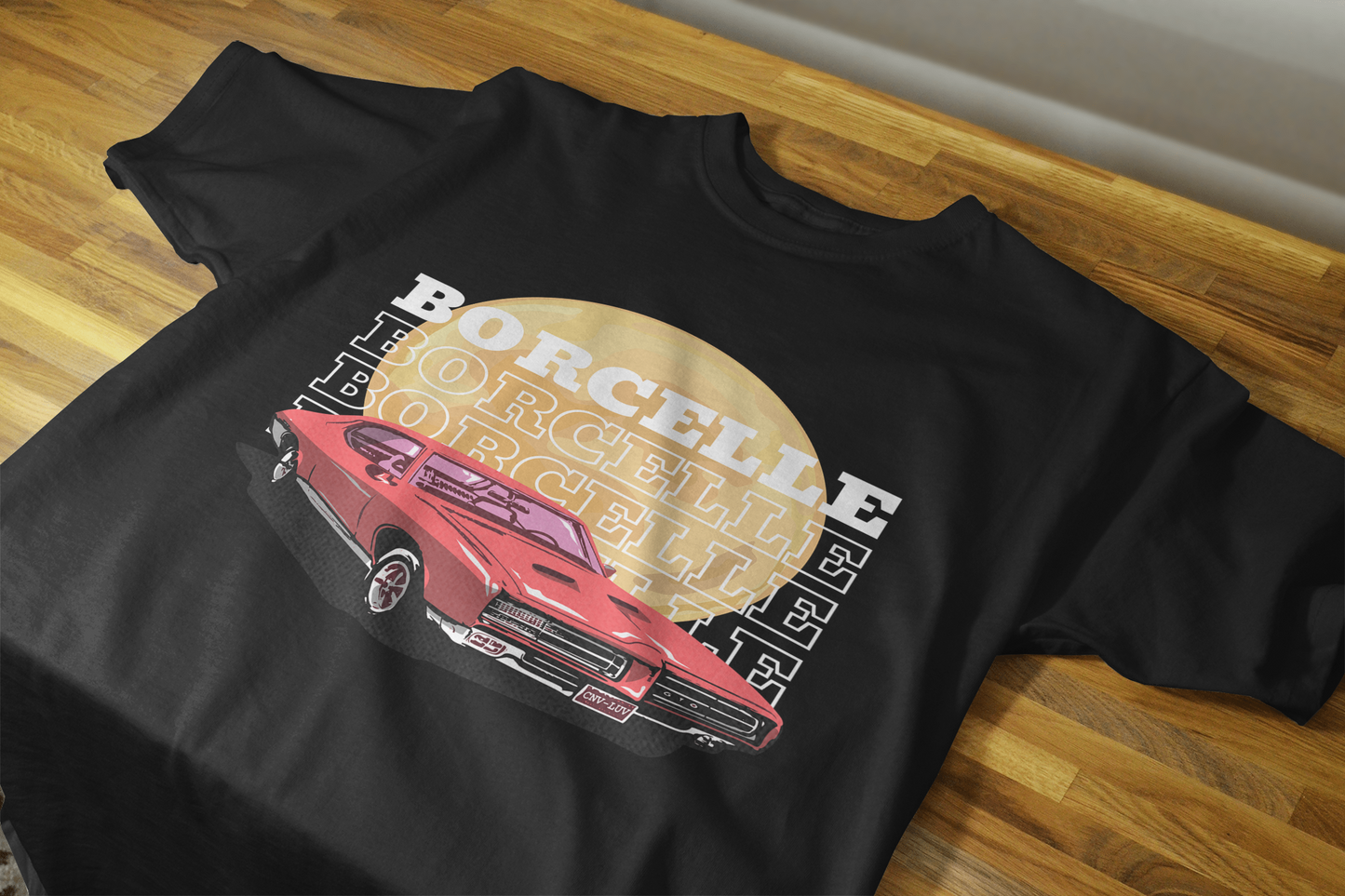 Classic Car Borcelle Graphic T-Shirt, Navy Blue, Vintage Muscle Car Design, Cotton Casual Wear