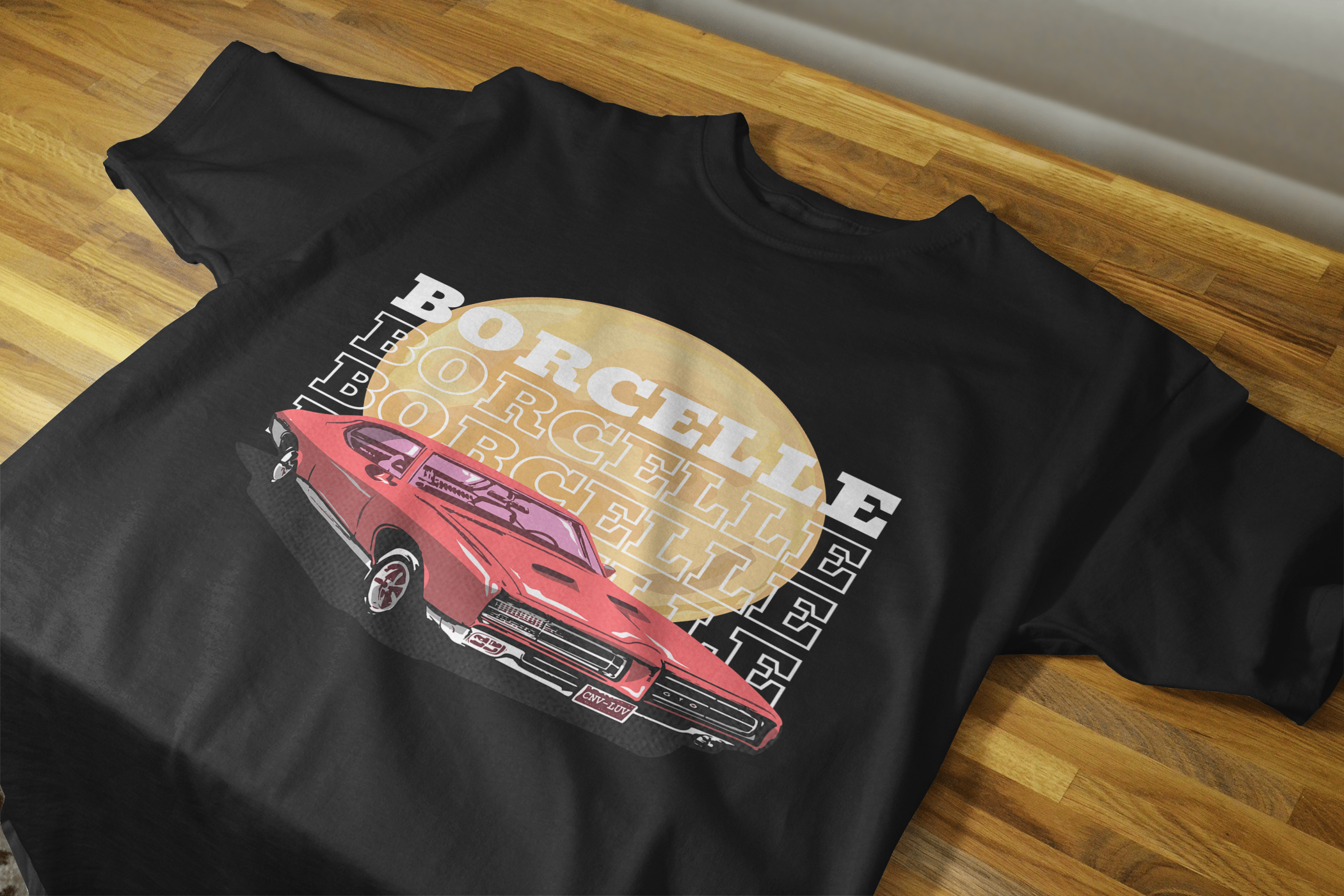 Classic Car Borcelle Graphic T-Shirt, Navy Blue, Vintage Muscle Car Design, Cotton Casual Wear