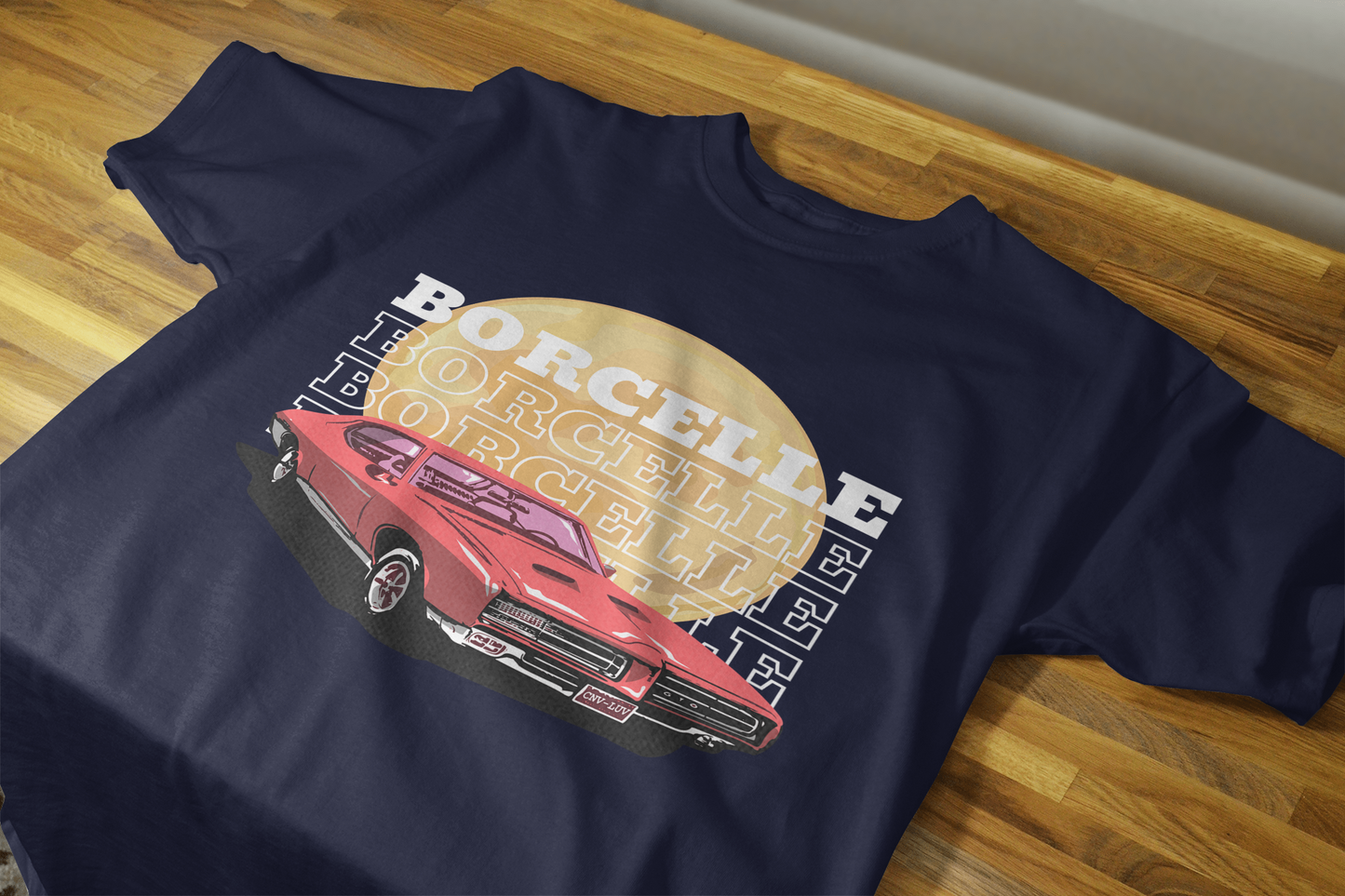 Classic Car Borcelle Graphic T-Shirt, Navy Blue, Vintage Muscle Car Design, Cotton Casual Wear