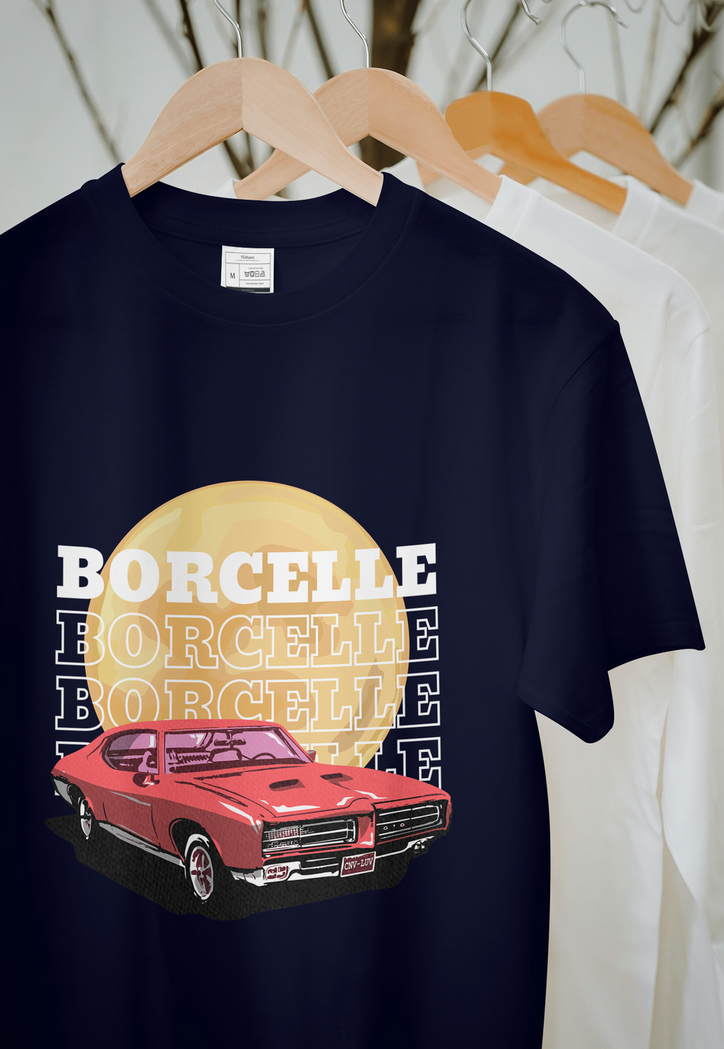 Classic Car Borcelle Graphic T-Shirt, Navy Blue, Vintage Muscle Car Design, Cotton Casual Wear