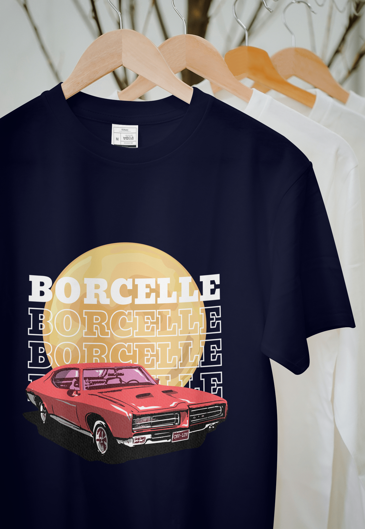 Classic Car Borcelle Graphic T-Shirt, Navy Blue, Vintage Muscle Car Design, Cotton Casual Wear