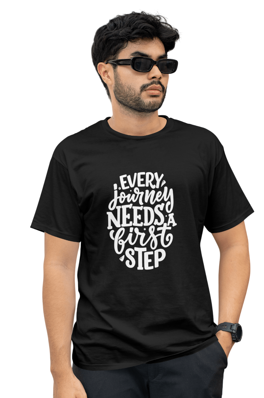 VEnahance Men's T-Shirt Inspirational Quote, Every Journey Needs a First Step, Red Cotton, Unisex Casual Short Sleeve