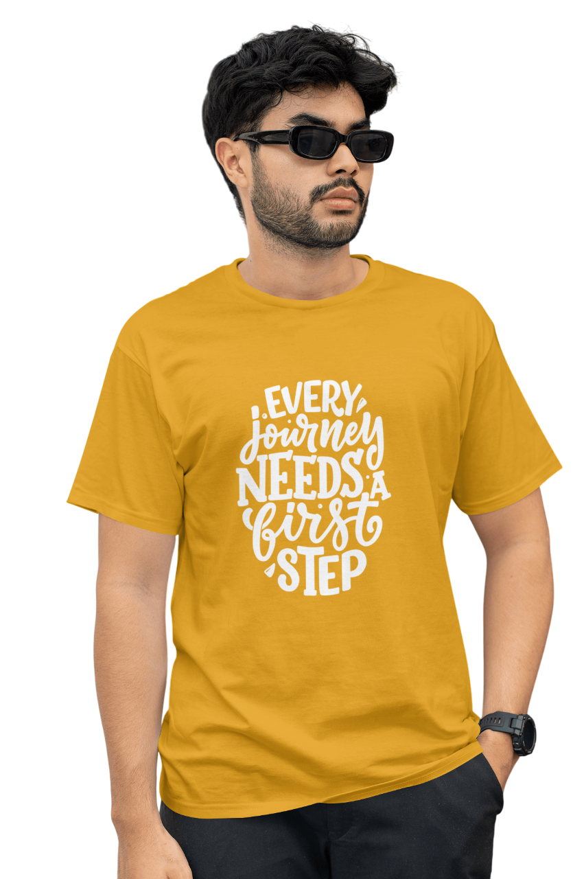 VEnahance Men's T-Shirt Inspirational Quote, Every Journey Needs a First Step, Red Cotton, Unisex Casual Short Sleeve