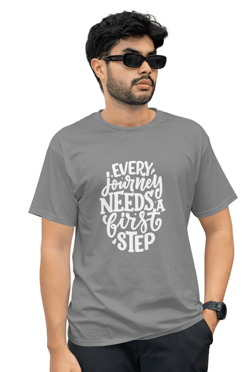 VEnahance Men's T-Shirt Inspirational Quote, Every Journey Needs a First Step, Red Cotton, Unisex Casual Short Sleeve