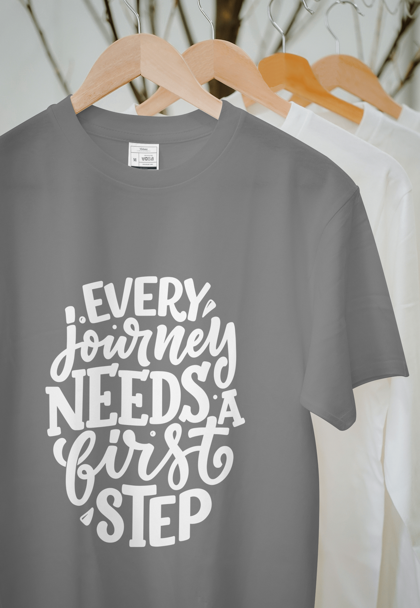 VEnahance Men's T-Shirt Inspirational Quote, Every Journey Needs a First Step, Red Cotton, Unisex Casual Short Sleeve