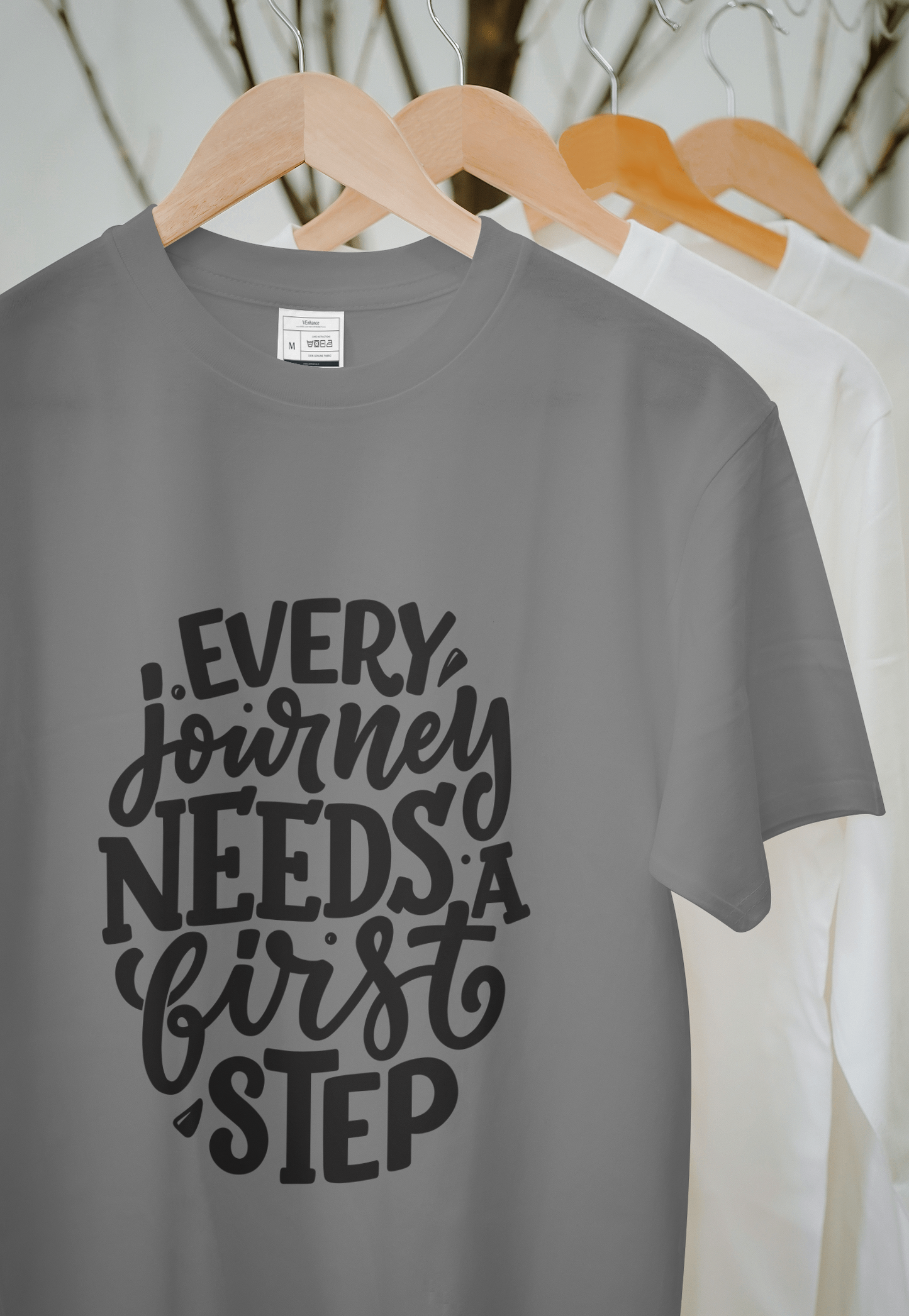 VEnhance T-Shirt Inspirational Quote, White Cotton, Every Journey Needs a First Step Design