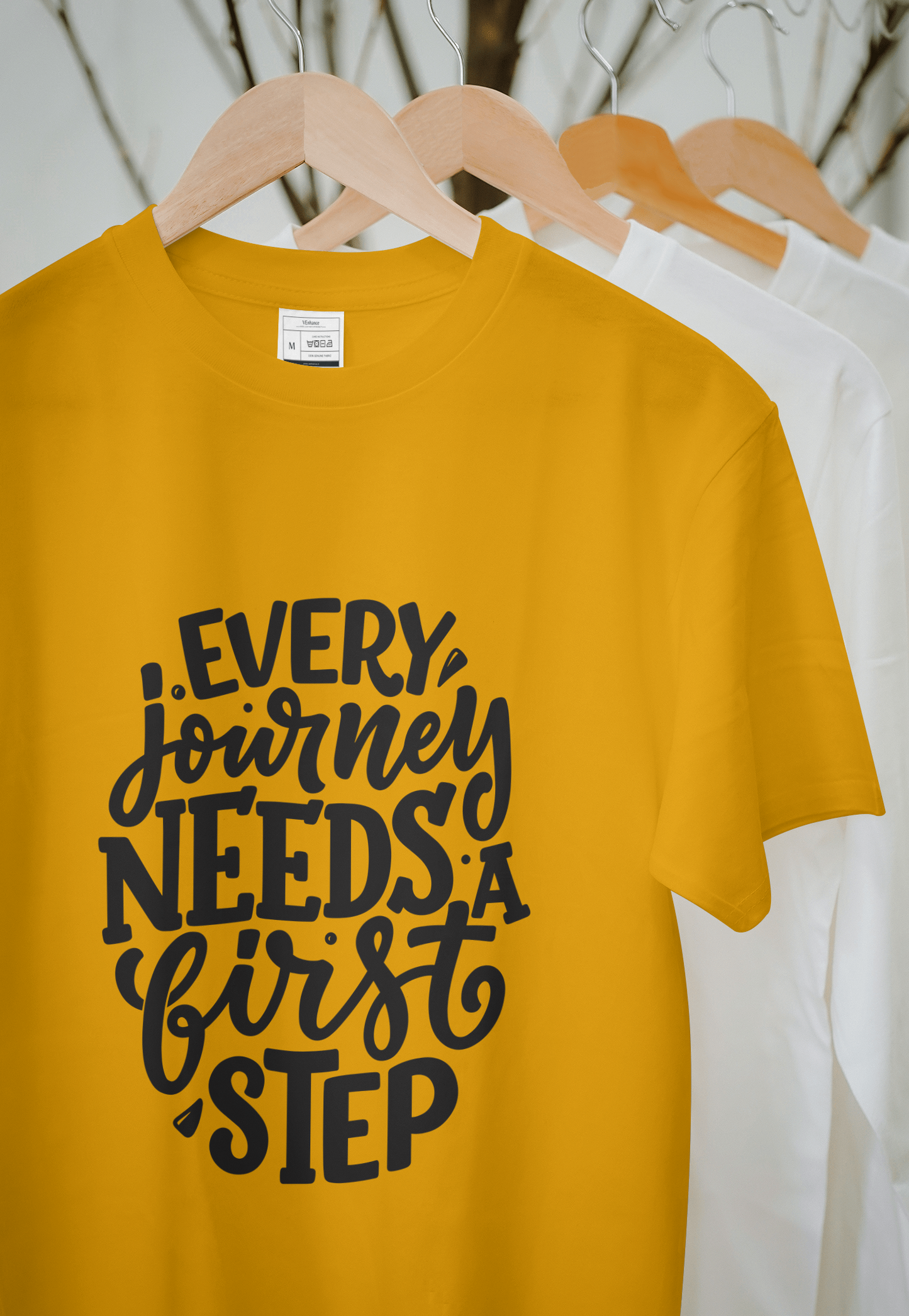 VEnhance T-Shirt Inspirational Quote, White Cotton, Every Journey Needs a First Step Design
