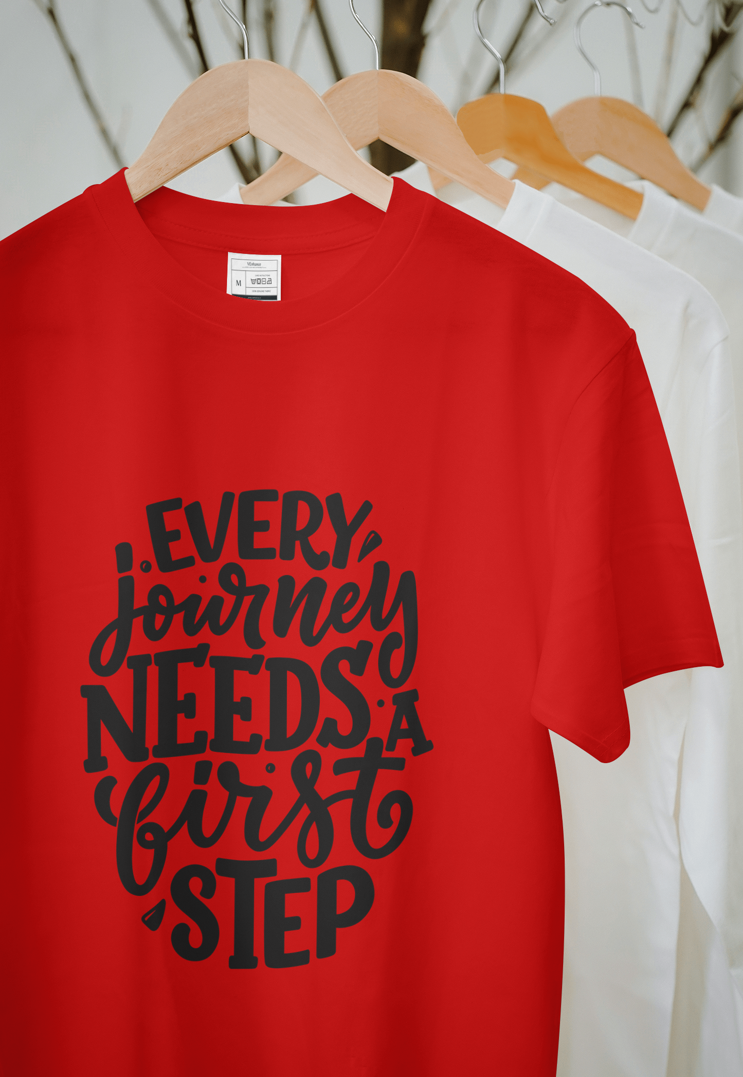 VEnhance T-Shirt Inspirational Quote, White Cotton, Every Journey Needs a First Step Design