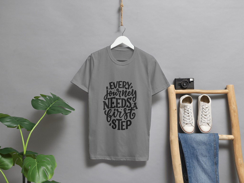 VEnhance T-Shirt Inspirational Quote, White Cotton, Every Journey Needs a First Step Design