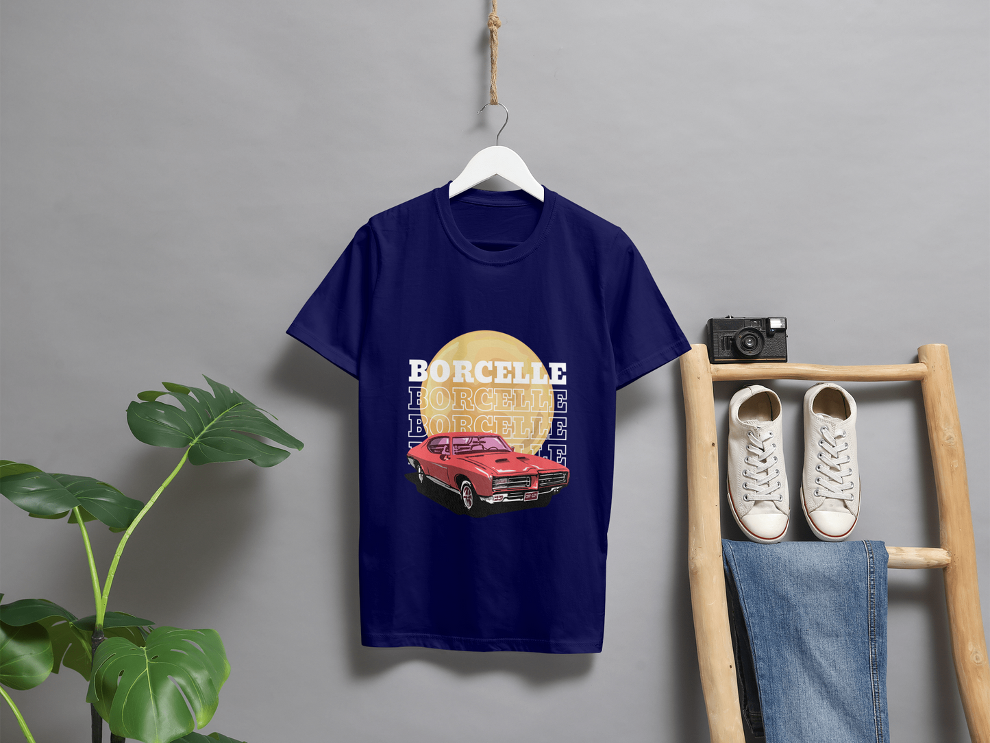 Classic Car Borcelle Graphic T-Shirt, Navy Blue, Vintage Muscle Car Design, Cotton Casual Wear