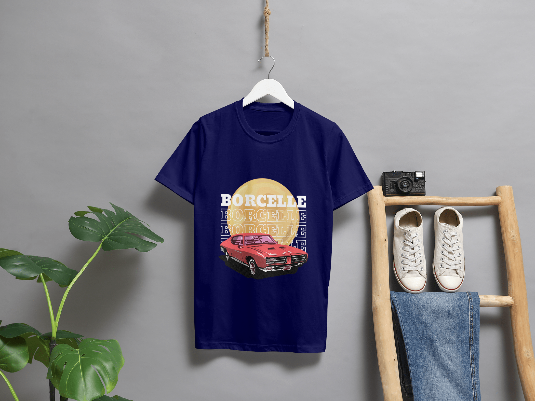 Classic Car Borcelle Graphic T-Shirt, Navy Blue, Vintage Muscle Car Design, Cotton Casual Wear