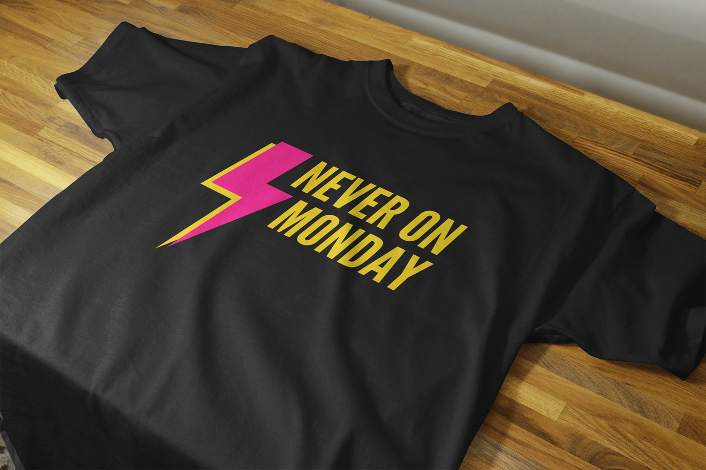 VEnhance Never on Monday Graphic T-Shirt, Lightning Bolt Design, Unisex Cotton Crew Neck