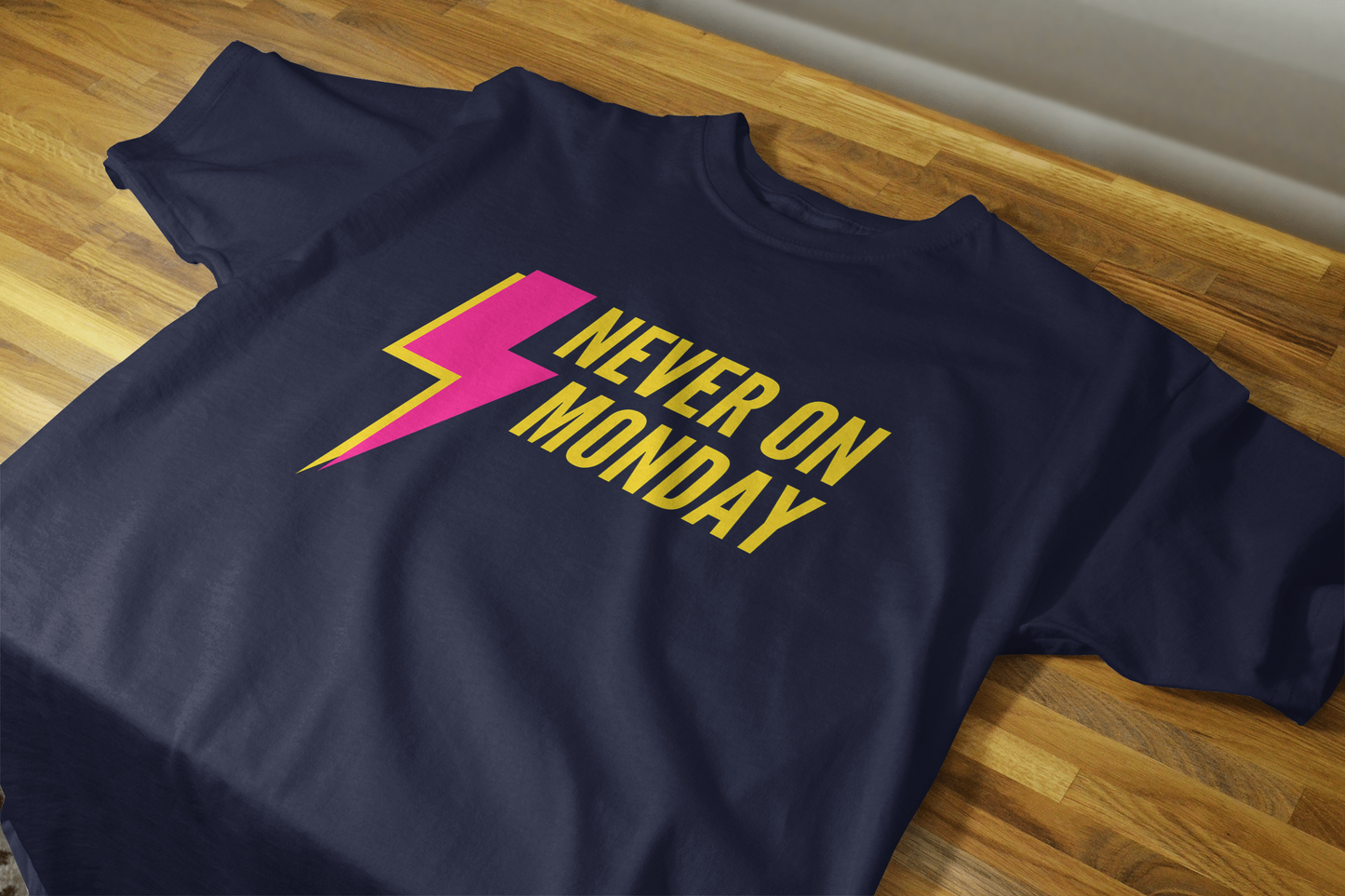 VEnhance Never on Monday Graphic T-Shirt, Lightning Bolt Design, Unisex Cotton Crew Neck