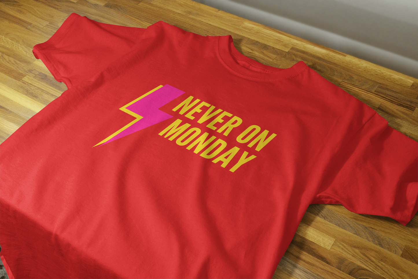 VEnhance Never on Monday Graphic T-Shirt, Lightning Bolt Design, Unisex Cotton Crew Neck