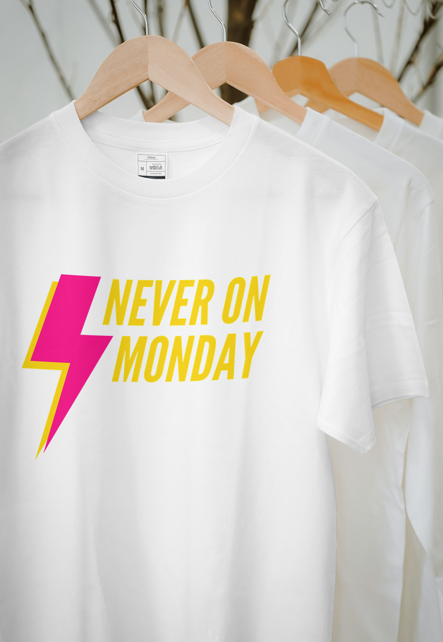 VEnhance Never on Monday Graphic T-Shirt, Lightning Bolt Design, Unisex Cotton Crew Neck