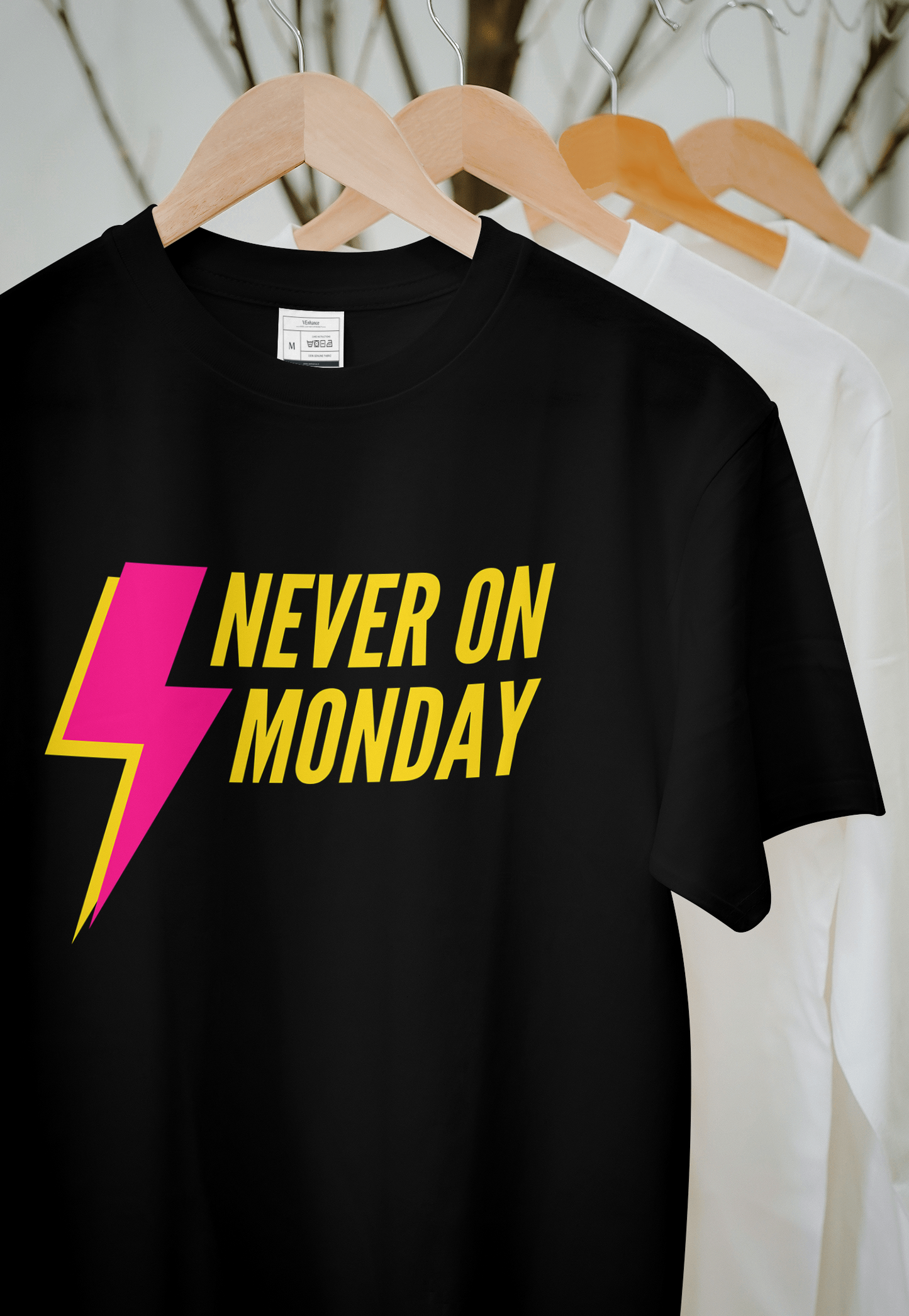 VEnhance Never on Monday Graphic T-Shirt, Lightning Bolt Design, Unisex Cotton Crew Neck