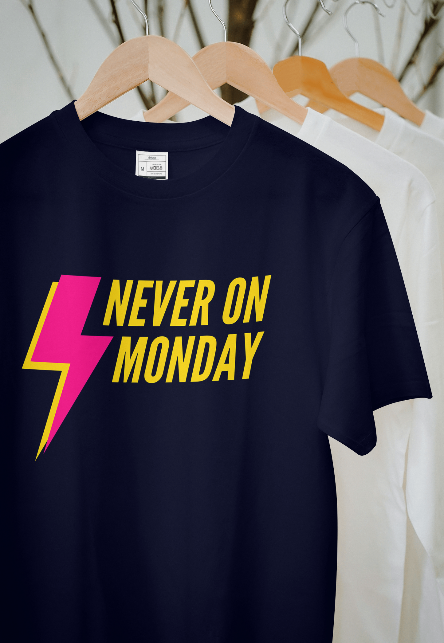 VEnhance Never on Monday Graphic T-Shirt, Lightning Bolt Design, Unisex Cotton Crew Neck