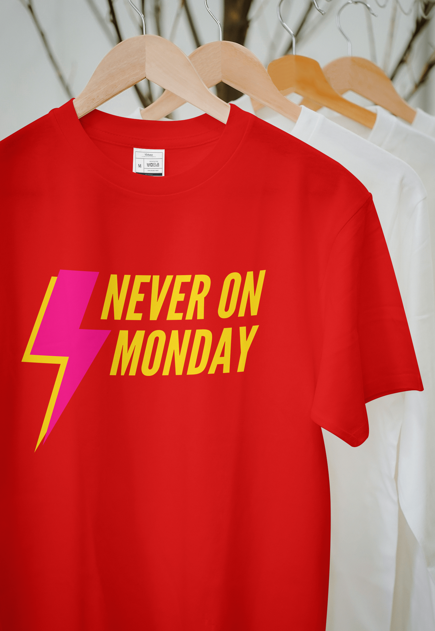 VEnhance Never on Monday Graphic T-Shirt, Lightning Bolt Design, Unisex Cotton Crew Neck
