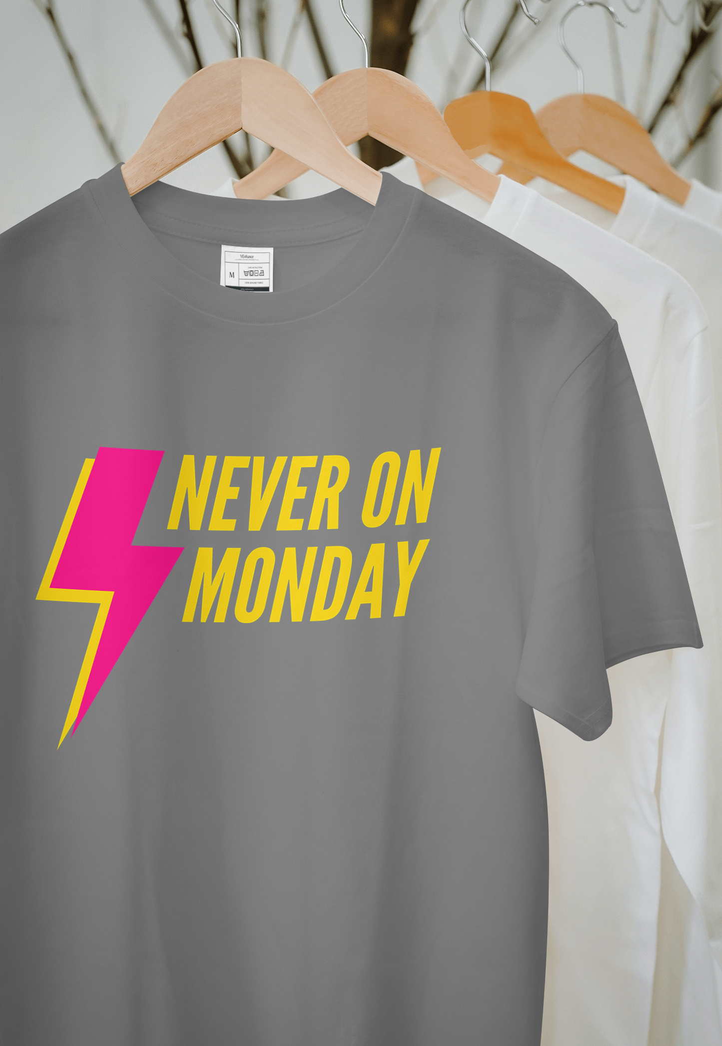 VEnhance Never on Monday Graphic T-Shirt, Lightning Bolt Design, Unisex Cotton Crew Neck