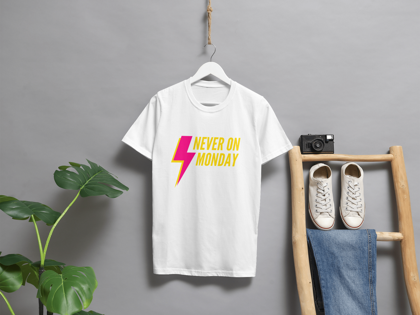 VEnhance Never on Monday Graphic T-Shirt, Lightning Bolt Design, Unisex Cotton Crew Neck