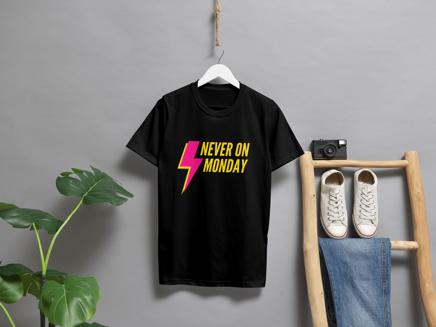 VEnhance Never on Monday Graphic T-Shirt, Lightning Bolt Design, Unisex Cotton Crew Neck