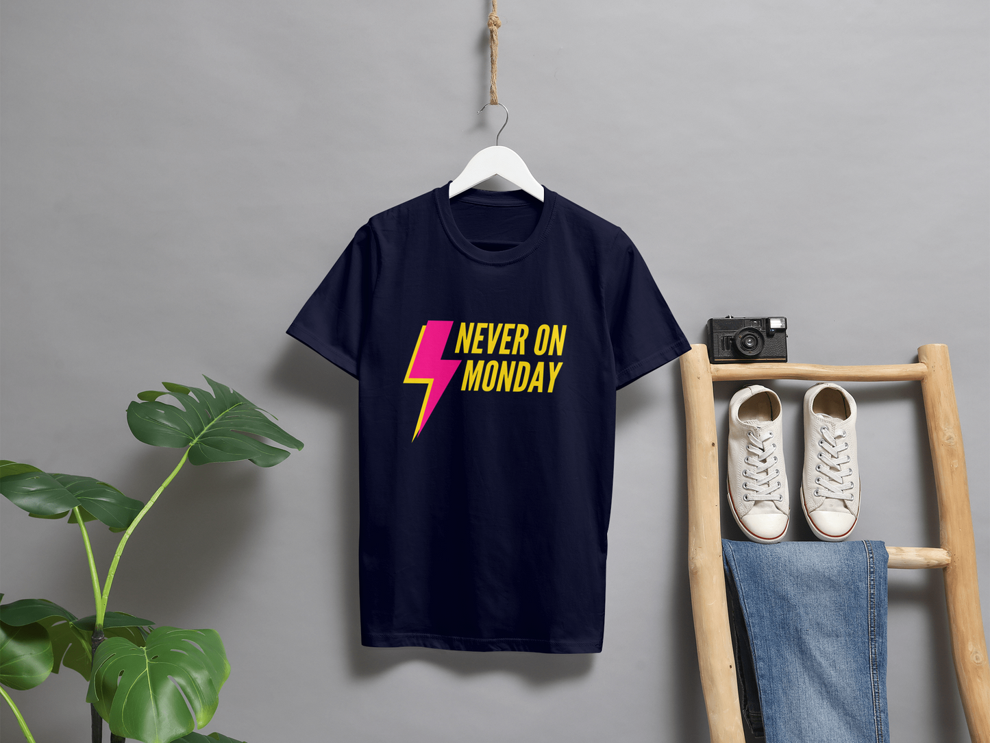 VEnhance Never on Monday Graphic T-Shirt, Lightning Bolt Design, Unisex Cotton Crew Neck