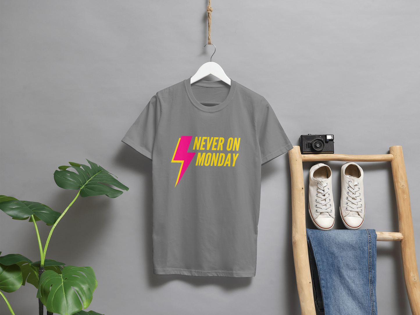 VEnhance Never on Monday Graphic T-Shirt, Lightning Bolt Design, Unisex Cotton Crew Neck