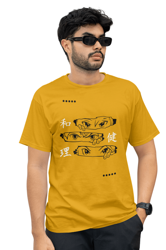 VEnhance Men's T-Shirt Anime Eyes Graphic T-Shirt, Japanese Characters Print, Red Cotton, Casual Wear
