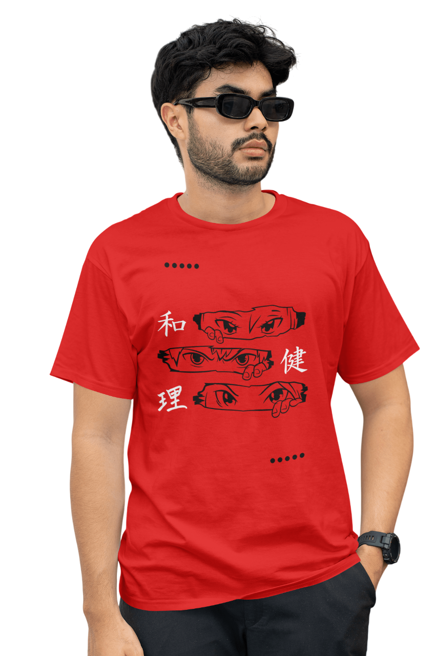 VEnhance Men's T-Shirt Anime Eyes Graphic T-Shirt, Japanese Characters Print, Red Cotton, Casual Wear