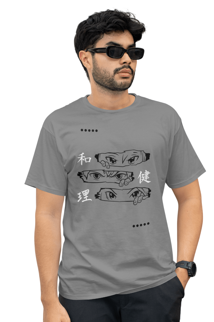 VEnhance Men's T-Shirt Anime Eyes Graphic T-Shirt, Japanese Characters Print, Red Cotton, Casual Wear