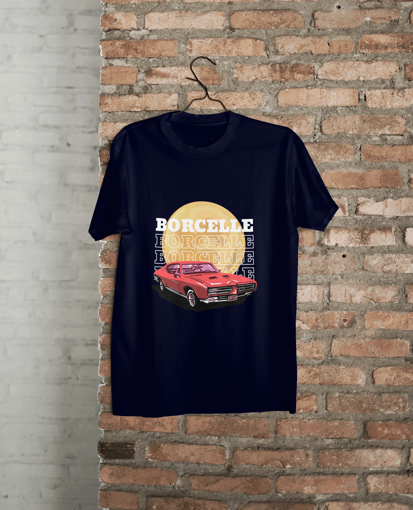 Classic Car Borcelle Graphic T-Shirt, Navy Blue, Vintage Muscle Car Design, Cotton Casual Wear