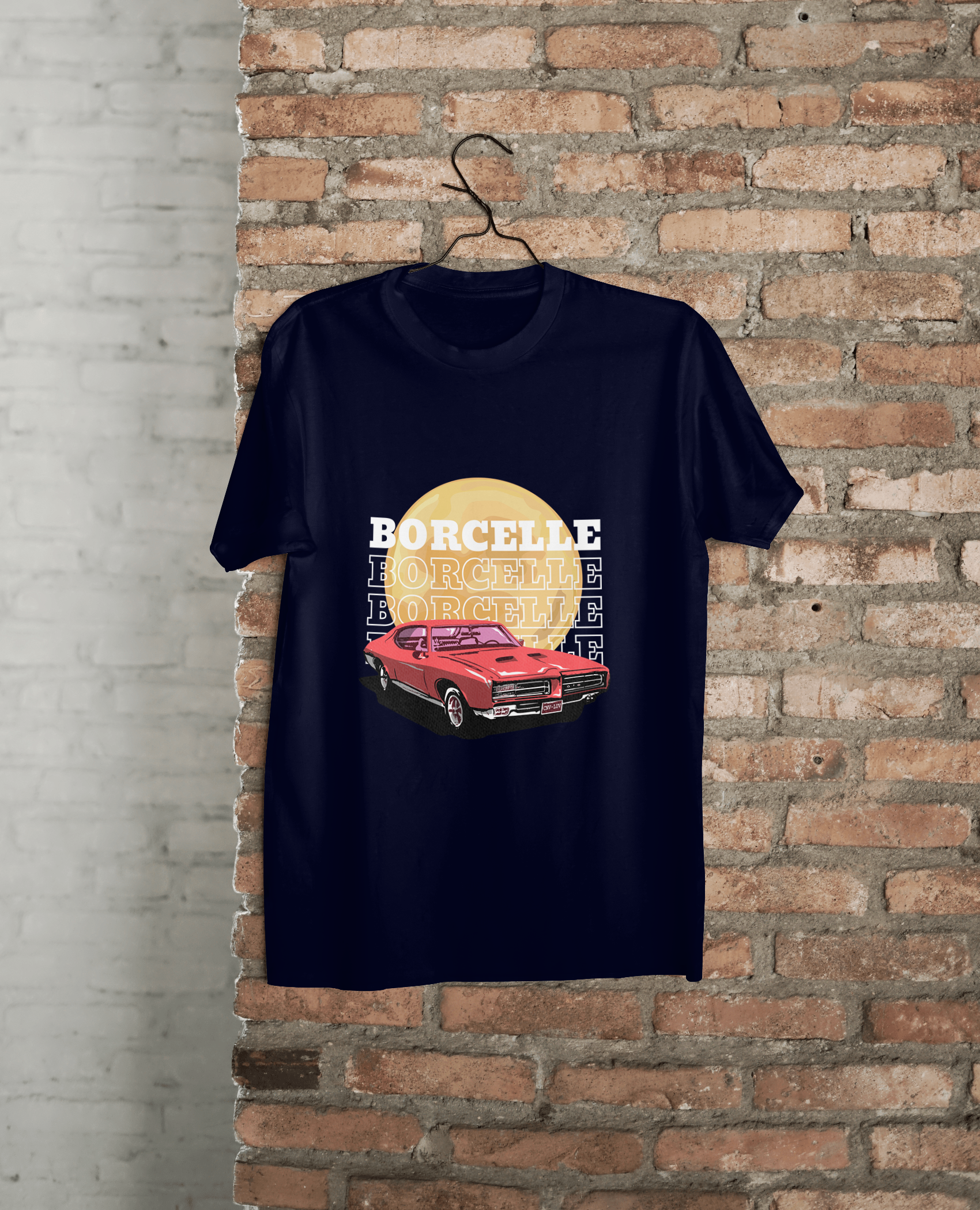 Classic Car Borcelle Graphic T-Shirt, Navy Blue, Vintage Muscle Car Design, Cotton Casual Wear