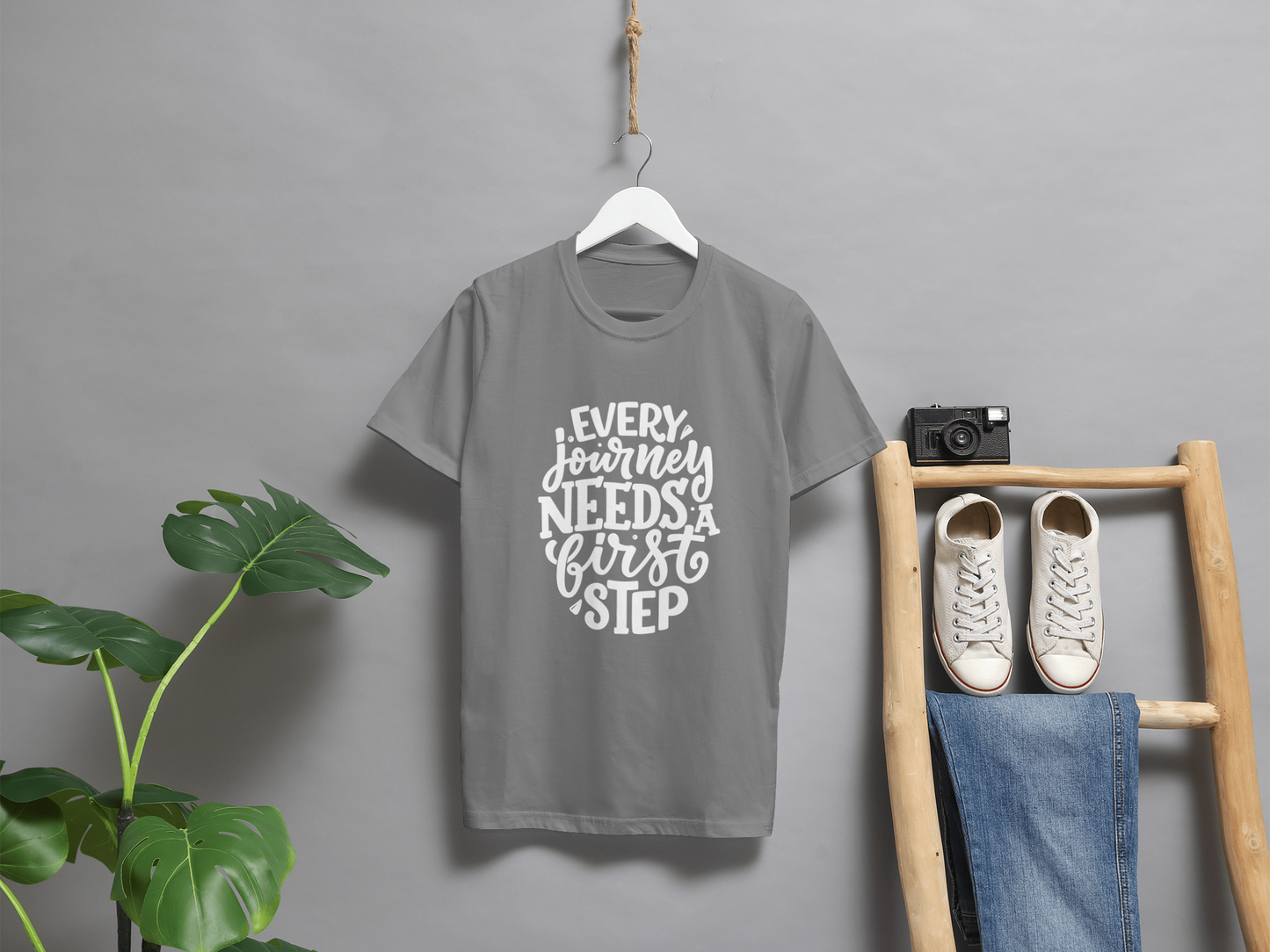 VEnahance Men's T-Shirt Inspirational Quote, Every Journey Needs a First Step, Red Cotton, Unisex Casual Short Sleeve