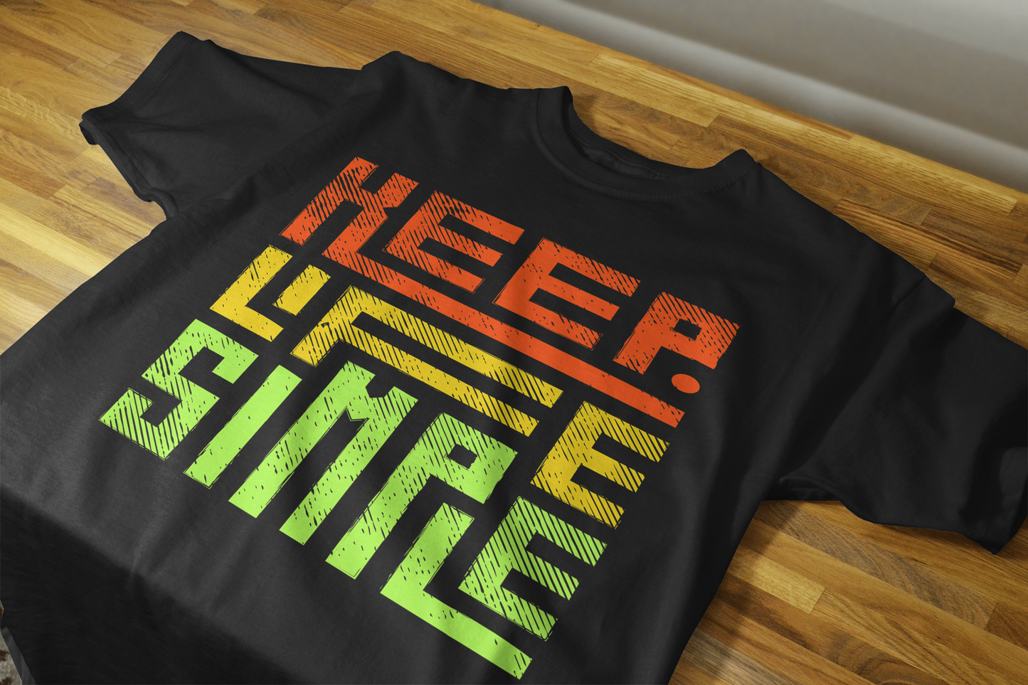 VEnhance Mens T-Shirt Keep Life Simple Graphic T-Shirt, Black Cotton, Gradient Orange-Yellow-Green Print, Casual Round Neck