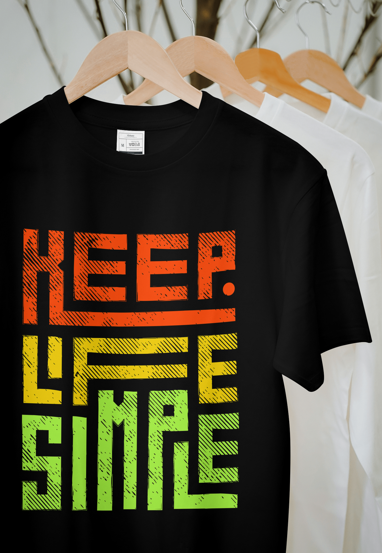 VEnhance Mens T-Shirt Keep Life Simple Graphic T-Shirt, Black Cotton, Gradient Orange-Yellow-Green Print, Casual Round Neck
