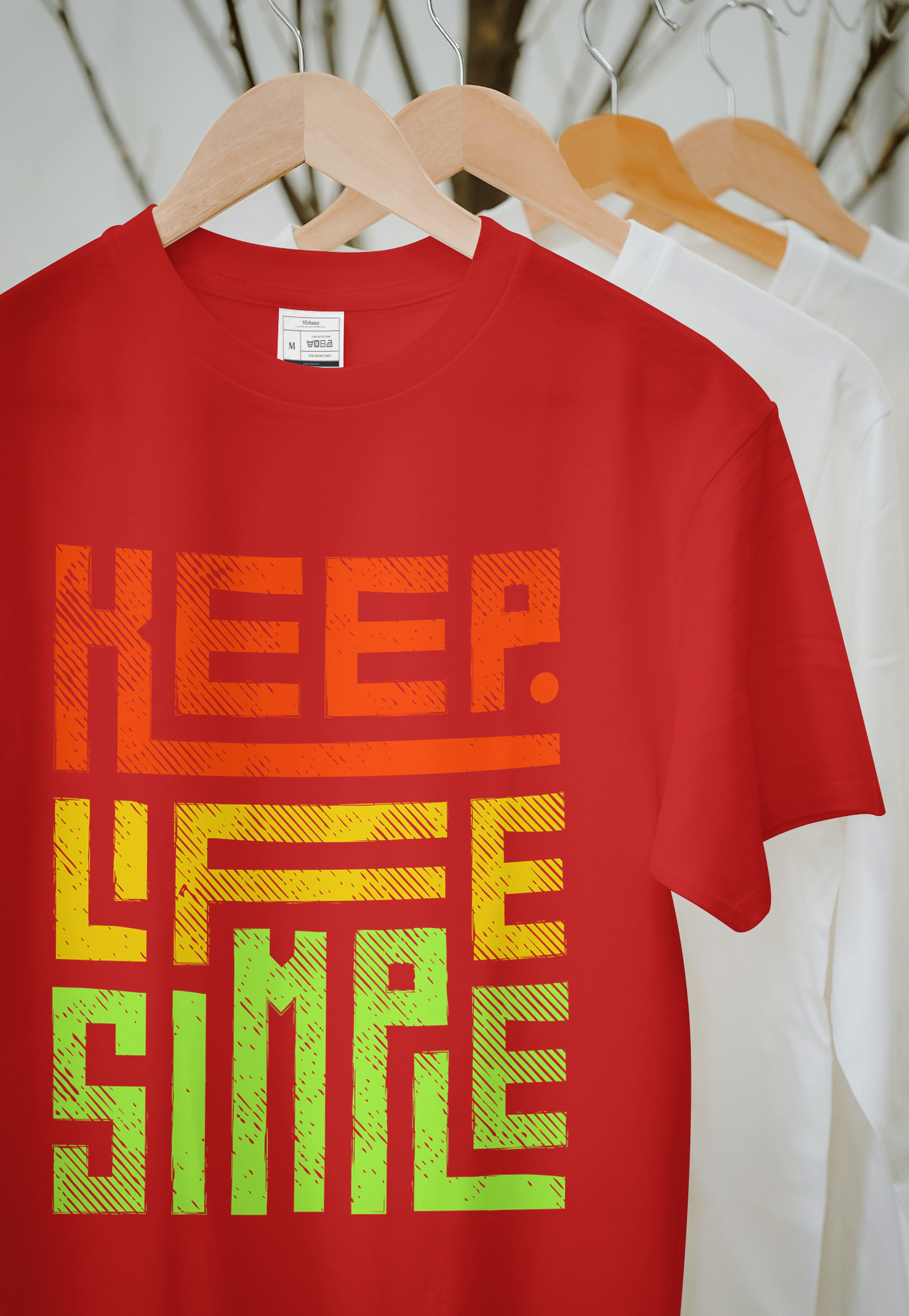 VEnhance Mens T-Shirt Keep Life Simple Graphic T-Shirt, Black Cotton, Gradient Orange-Yellow-Green Print, Casual Round Neck