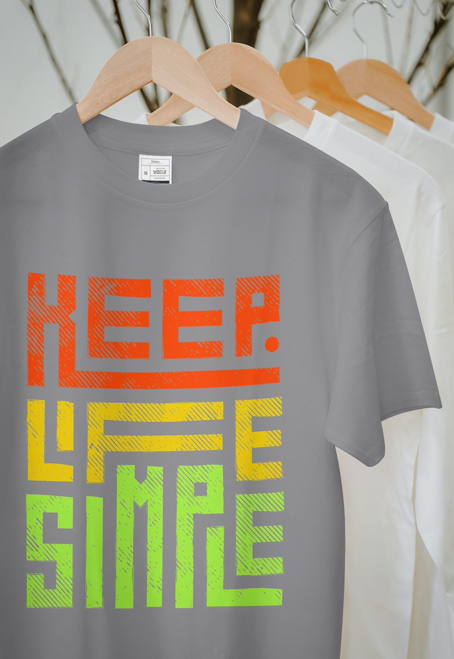 VEnhance Mens T-Shirt Keep Life Simple Graphic T-Shirt, Black Cotton, Gradient Orange-Yellow-Green Print, Casual Round Neck