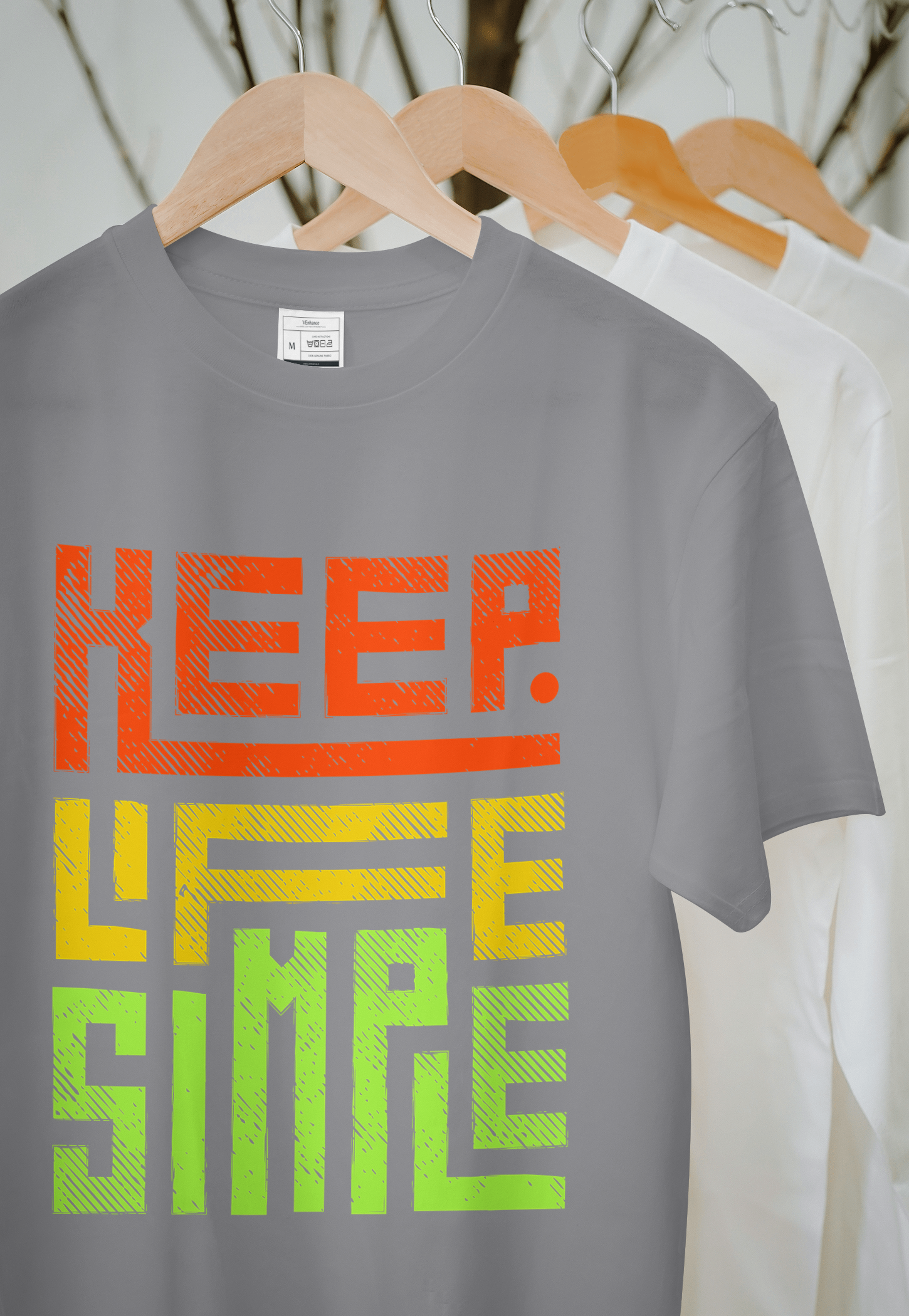VEnhance Mens T-Shirt Keep Life Simple Graphic T-Shirt, Black Cotton, Gradient Orange-Yellow-Green Print, Casual Round Neck