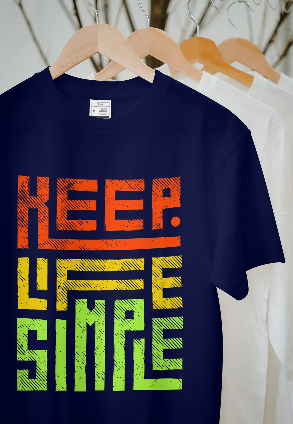 VEnhance Mens T-Shirt Keep Life Simple Graphic T-Shirt, Black Cotton, Gradient Orange-Yellow-Green Print, Casual Round Neck