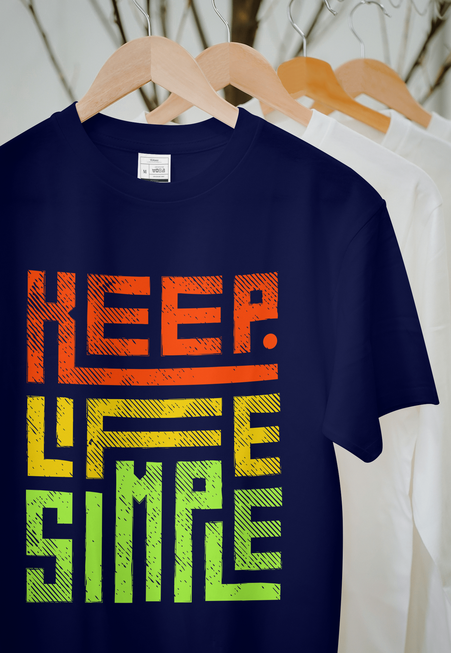 VEnhance Mens T-Shirt Keep Life Simple Graphic T-Shirt, Black Cotton, Gradient Orange-Yellow-Green Print, Casual Round Neck