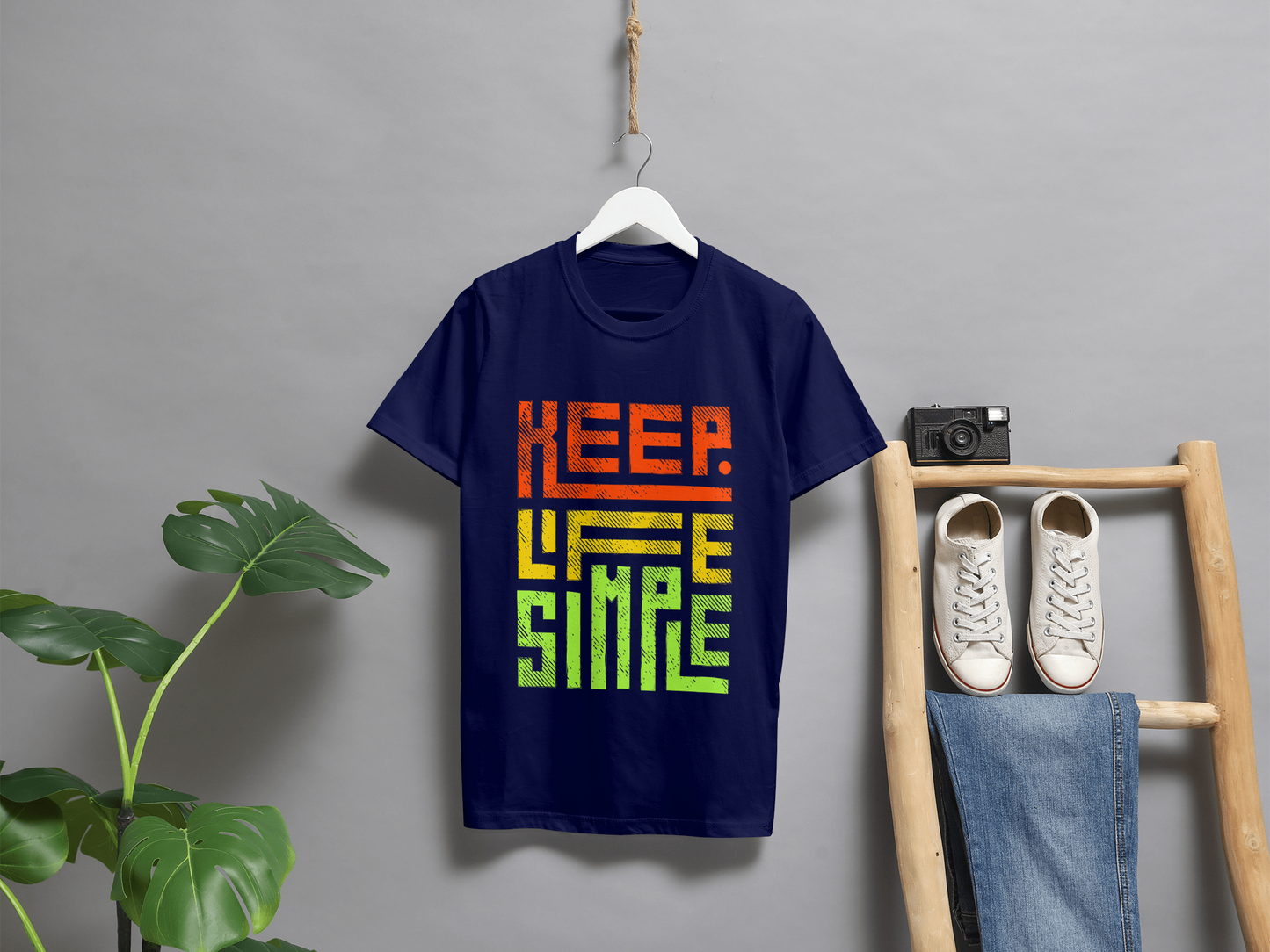 VEnhance Mens T-Shirt Keep Life Simple Graphic T-Shirt, Black Cotton, Gradient Orange-Yellow-Green Print, Casual Round Neck
